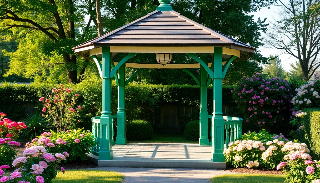 Explore a beautiful gazebo in Ireland surrounded by lush greenery, ideal for outdoor gatherings.