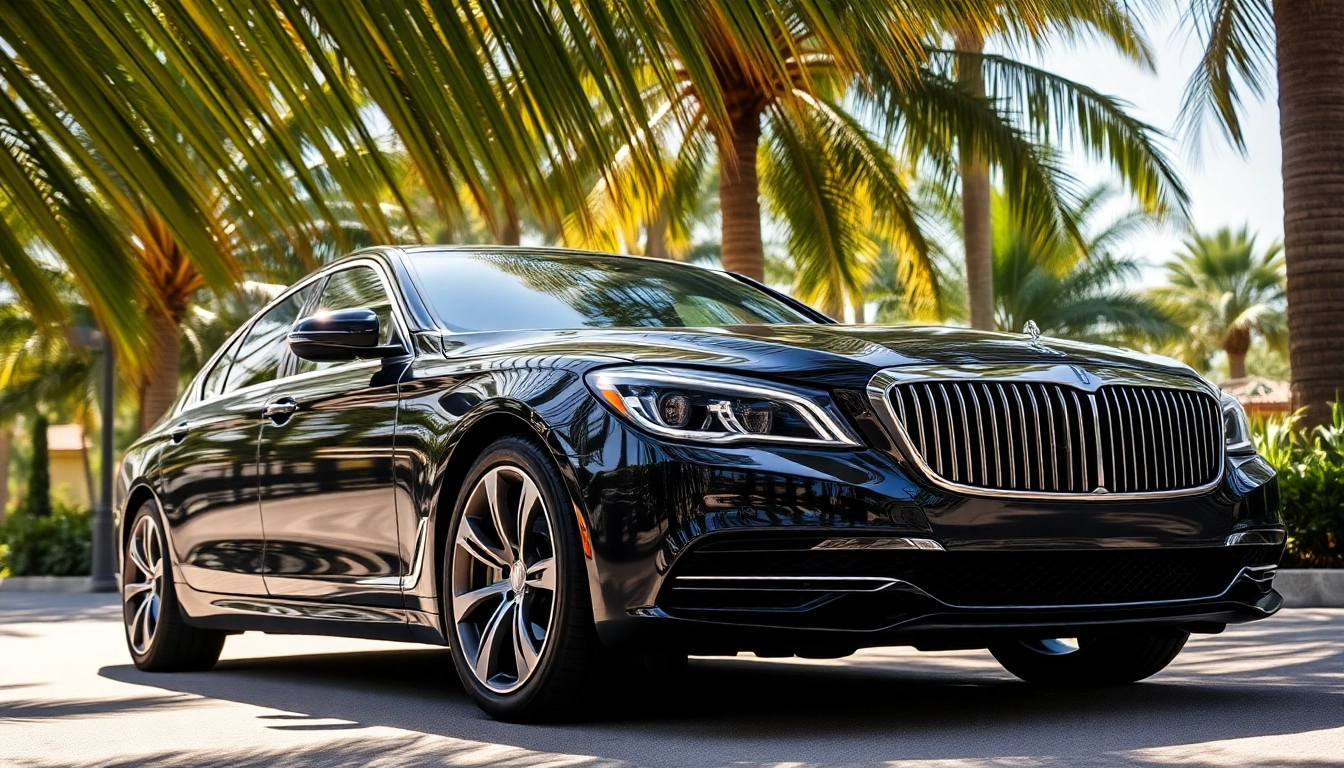 Luxury hire car with driver Manila showcasing an elegant black sedan under palm trees.