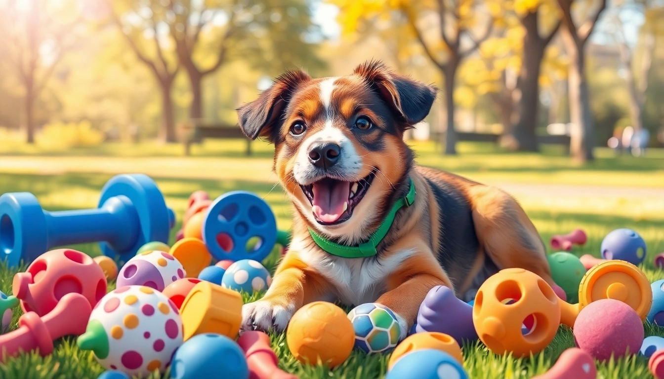 Engage your pet with quality pet toys, featuring a happy dog playing amidst colorful toys in a sunny park.