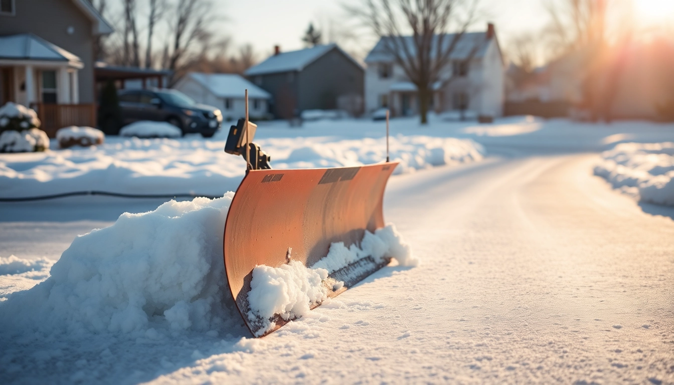 Snow plowing in action as a plow clears a snow-covered driveway, showcasing effective service.