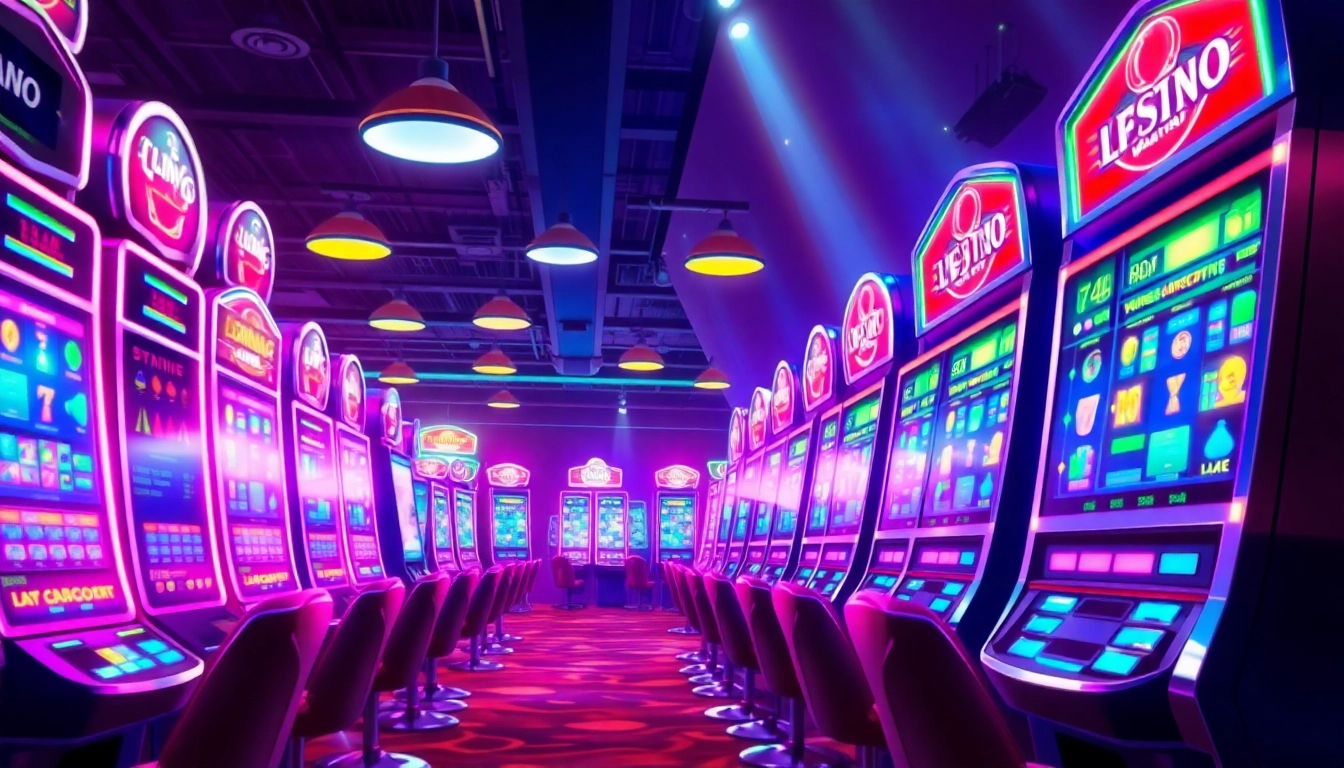 Experience thrilling slot online games in a lively casino environment with vibrant neon lights and colorful machines.