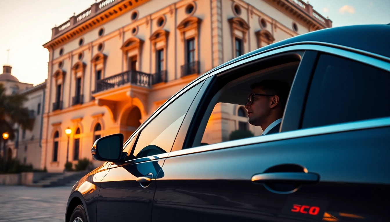 Hiring a professional hire car with driver Malta for an elegant ride in front of a historic building.