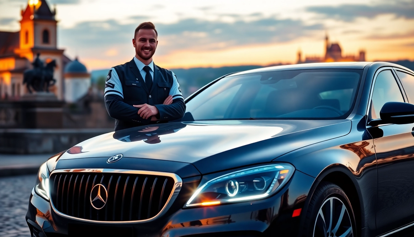 Professional driver hire Prague standing beside a luxury vehicle at a scenic sunset location in Prague.