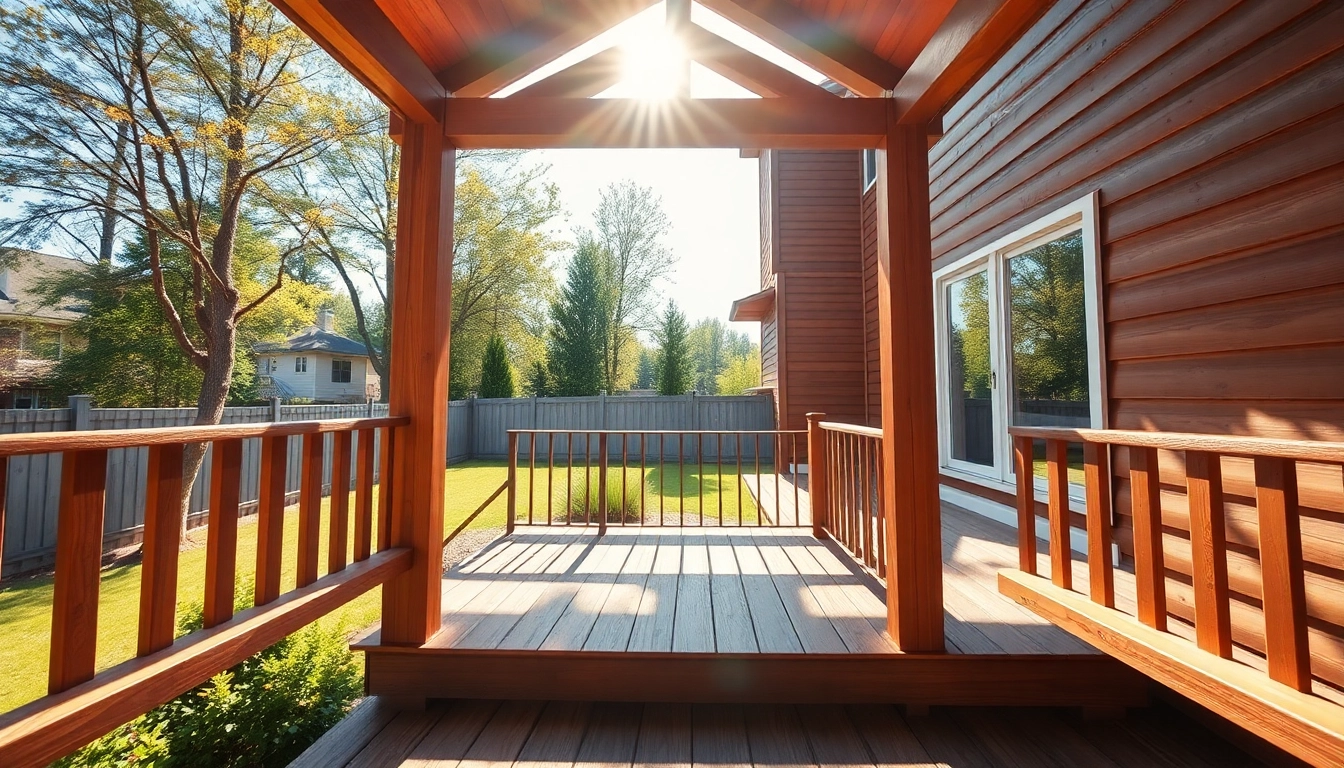 View of a wooden deck under construction, showcasing deck construction techniques and materials in a sunny environment.