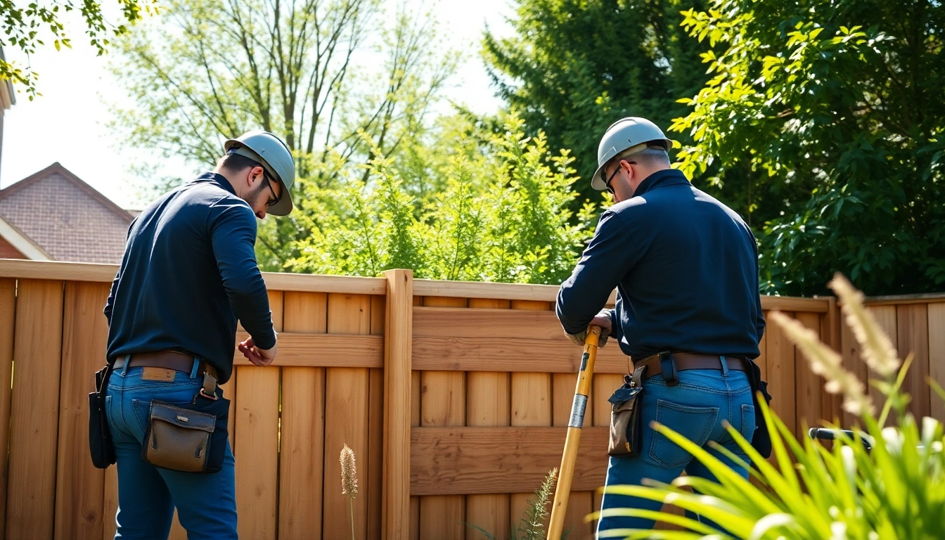 Skilled workers from fencing companies Manchester building a sturdy wooden fence in a sunny backyard.