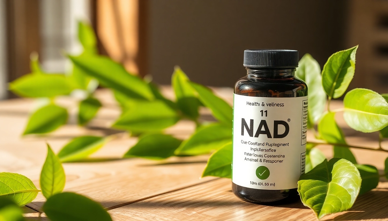 Boost energy and vitality with this NAD Supplement in a sleek bottle surrounded by green leaves.