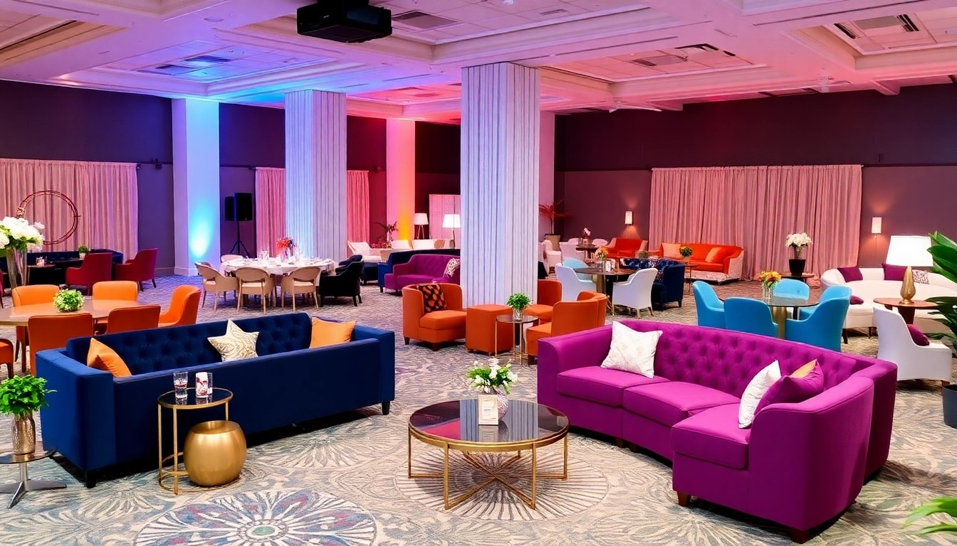 Showcase event furniture rental Dallas with elegantly arranged lounge seating and decorative accents.