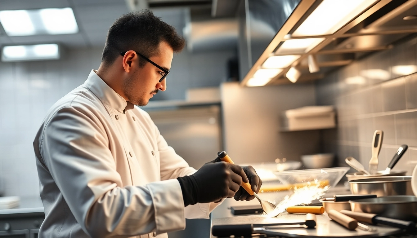 Technician performing chef base repair with tools and modern kitchen equipment in a commercial setting.