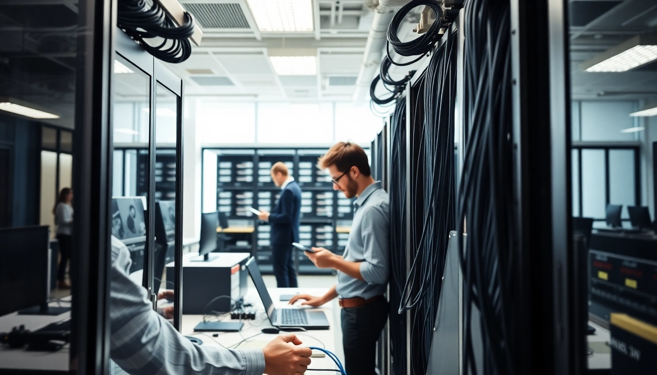 Technicians performing Data Cable Installation service in a modern office, showcasing professional networking skills.