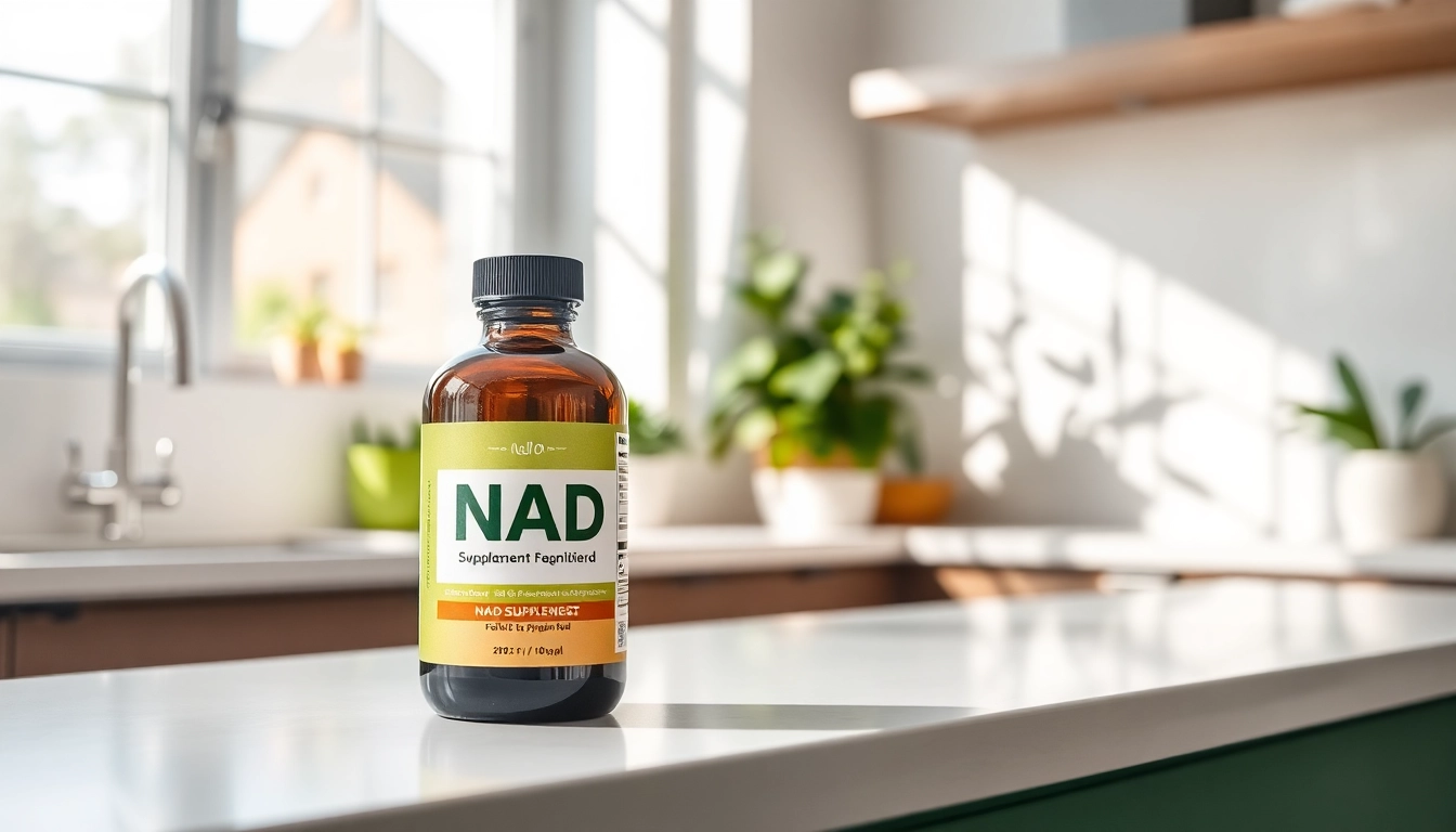 Person holding a bottle of NAD Supplement in a bright kitchen, promoting wellness and vitality.