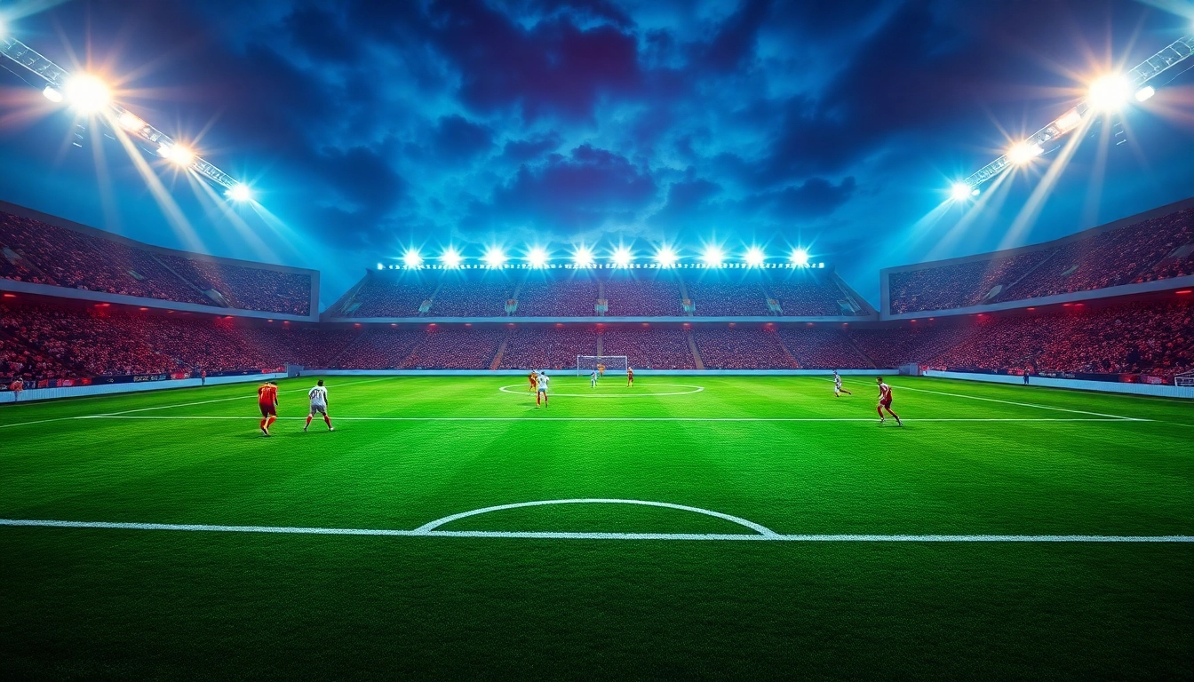 Capture the excitement of ราคาบอล as players compete under the stadium lights, highlighting the action and energy of a football match.