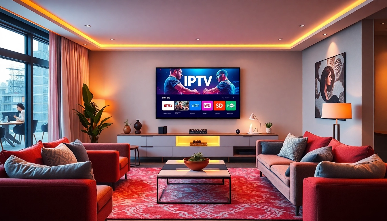Engage viewers with an iptv trial showcasing a cozy living room with vibrant IPTV content displayed.