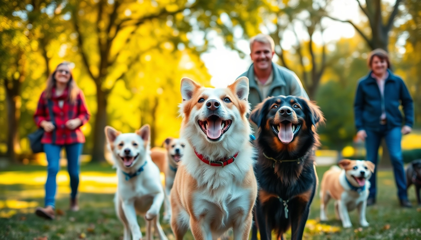 Kate's K9 Pet Care provides joyful moments of dogs playing in a sunny park, showcasing happy pets and owners.