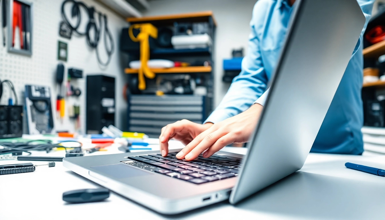 Riparazione computer settimo torinese con un tecnico che lavora su un laptop in un moderno laboratorio.
