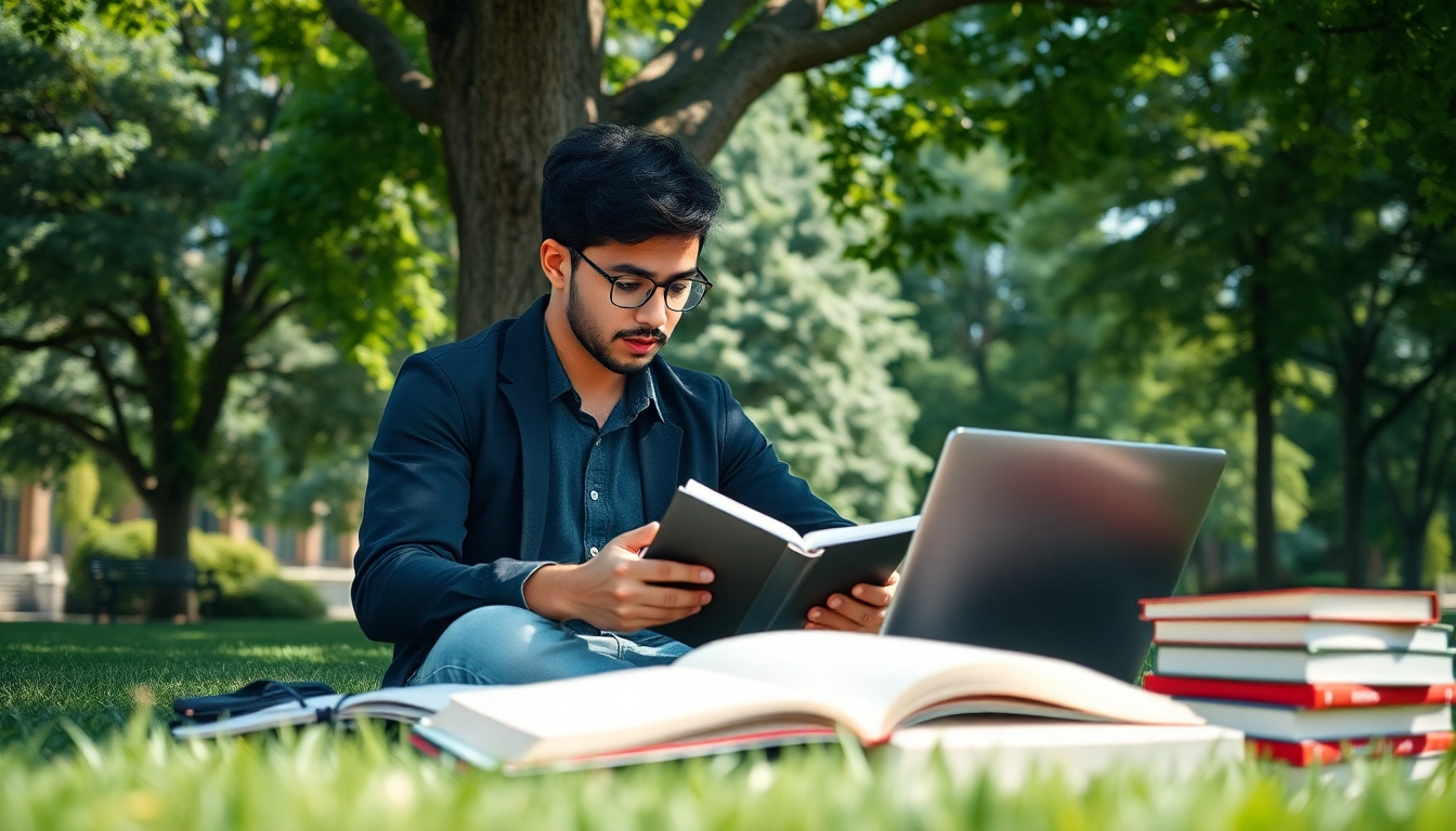 Enhance your knowledge with an original UK degree, featuring a student studying in a serene campus setting.