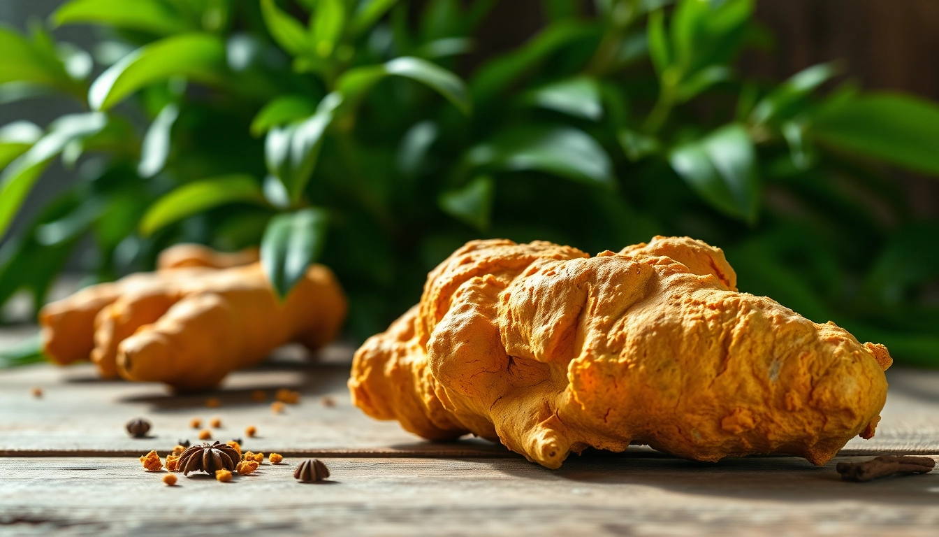 Highlighting turmeric root's vibrant color and texture in a rustic kitchen setting.