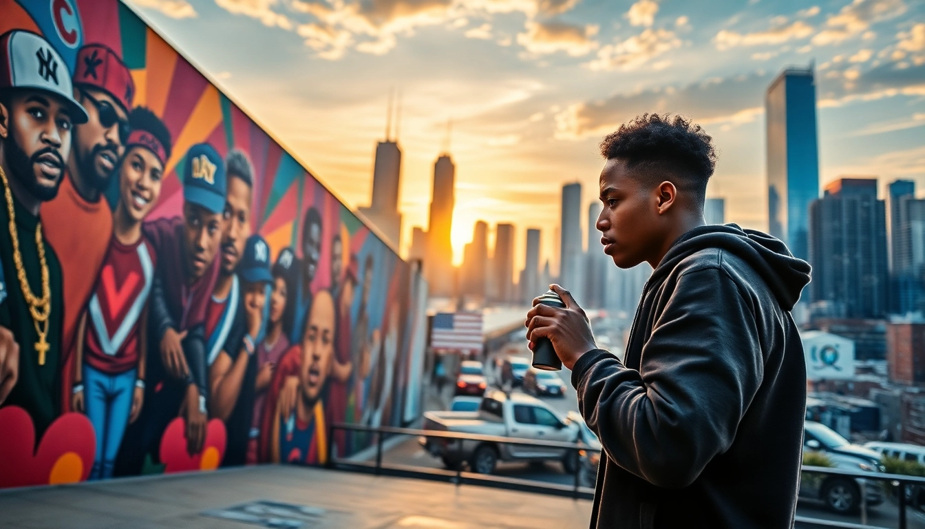 Highlighting rap culture in Chicago through vibrant street art depicting iconic figures and moments.
