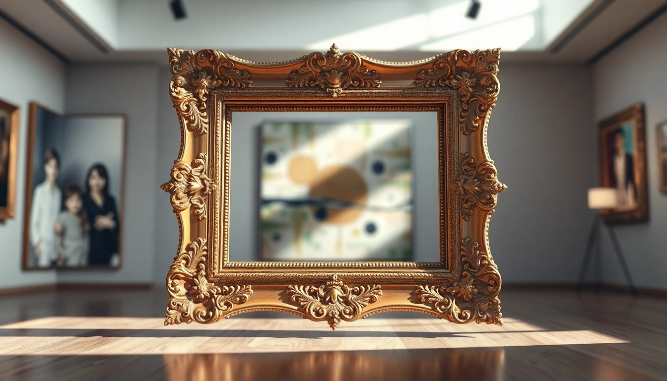 Showcasing ornate picture frames with intricate designs in a sophisticated art gallery setting.