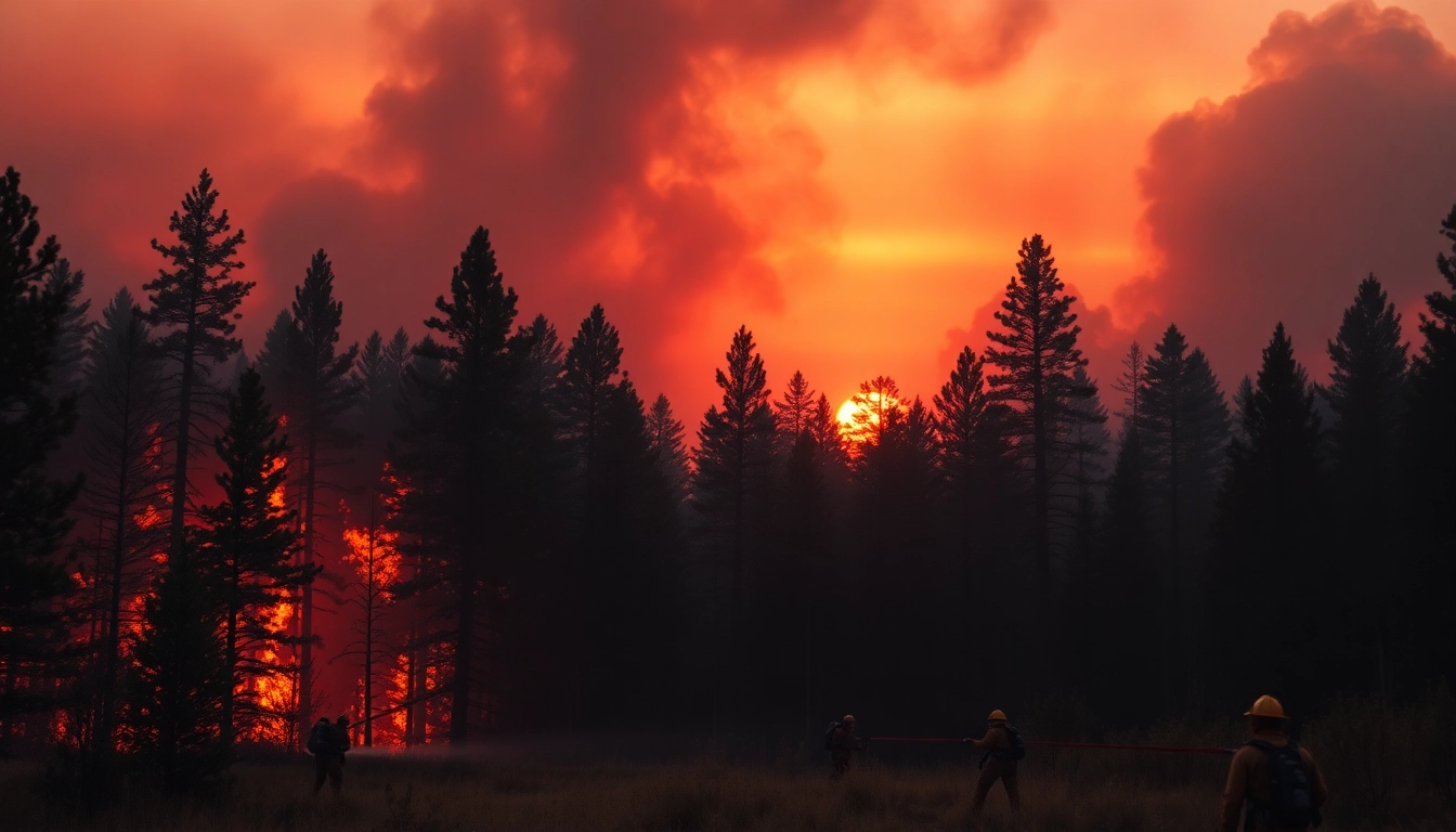 Firefighters battling wildfire events in a dramatic forest blaze