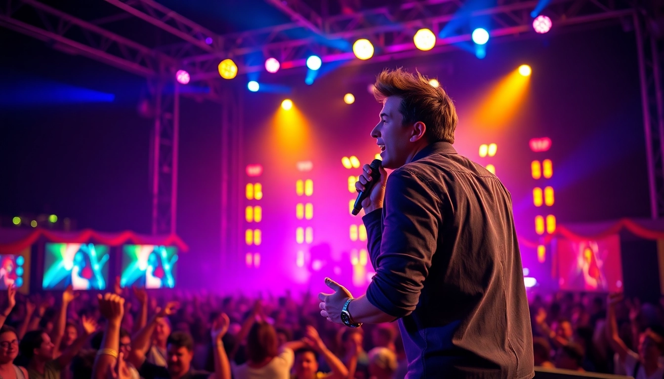 Musician captivating the audience with live Music performance amid vibrant lights and a dynamic atmosphere.