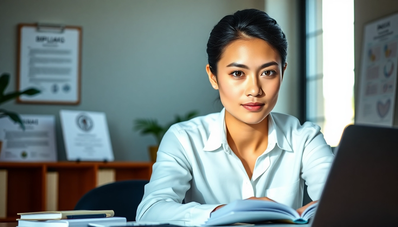 Engaged student pursuing masters in clinical research online in a bright, modern office setting.