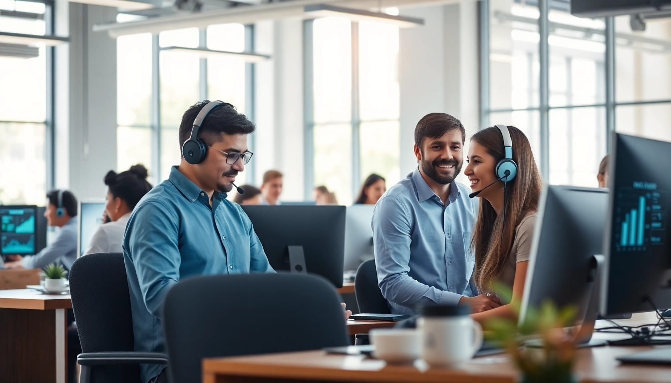 Engaged team showcasing call center solutions with technology in a professional setting.