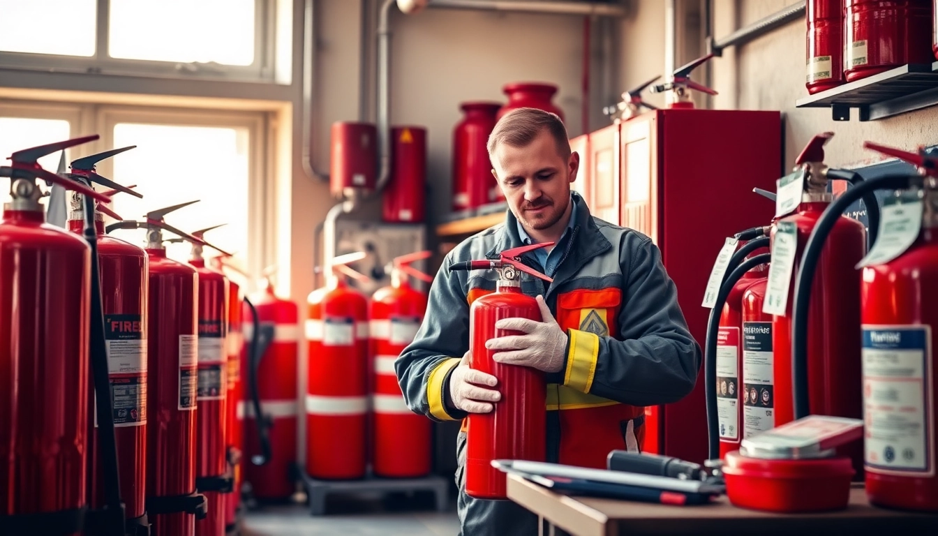 Fire extinguisher servicing Lichfield technician inspecting extinguishers in a professional setting.