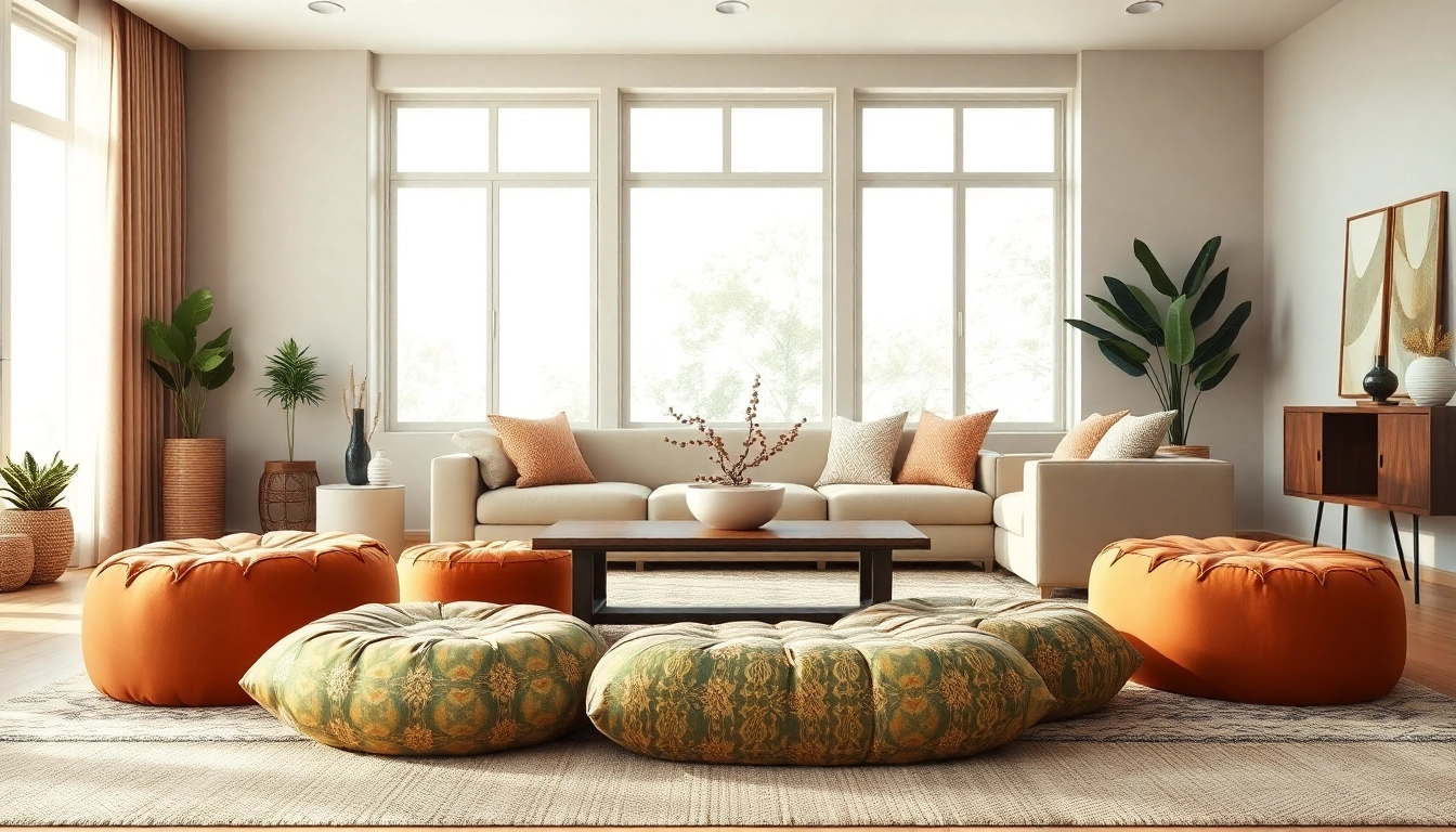 Cactus silk poufs set in a stylish living room, showcasing rich patterns and inviting designs.