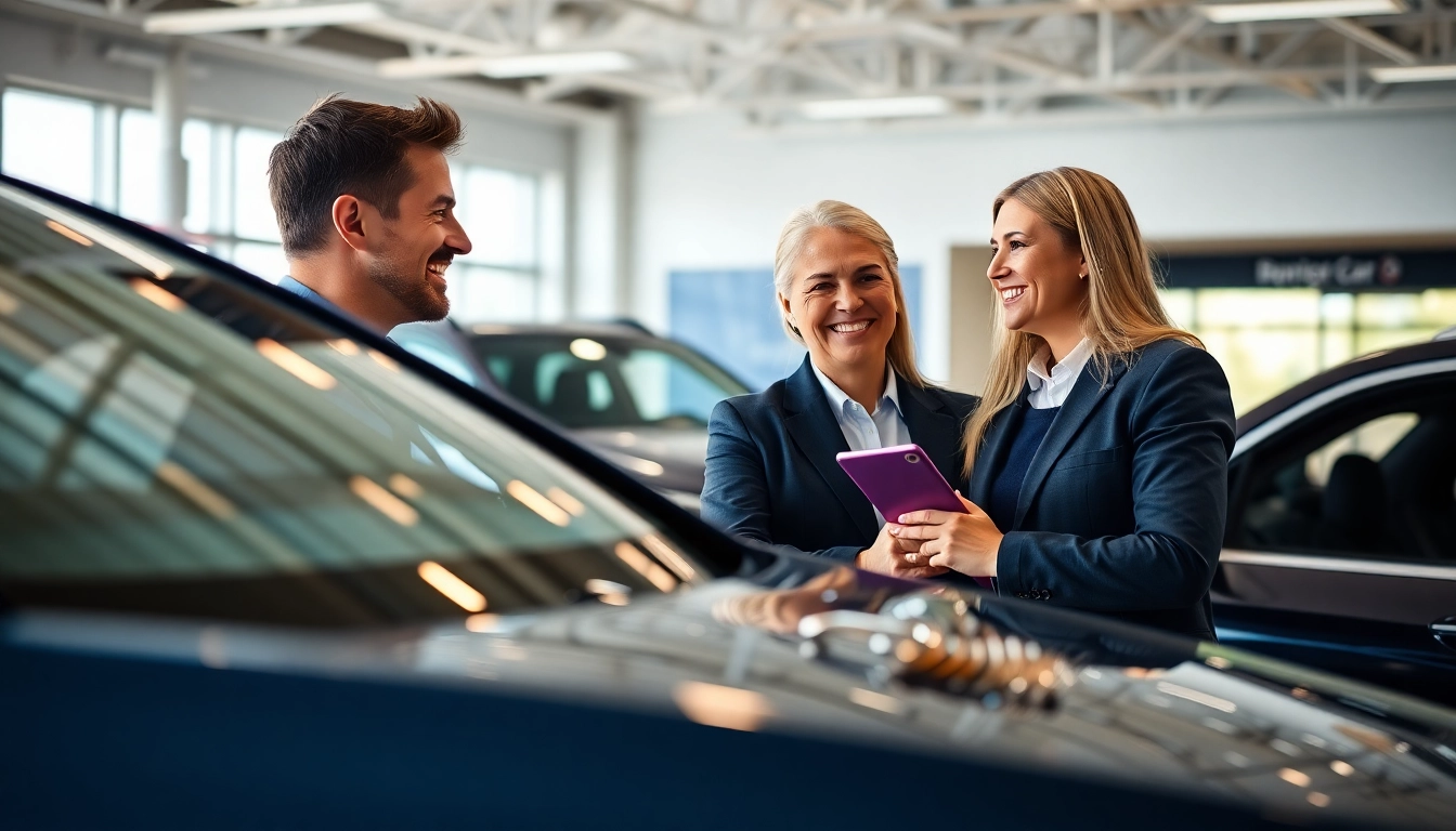 Engaging part exchange negotiation at a car dealership showcasing new cars and customer interactions.