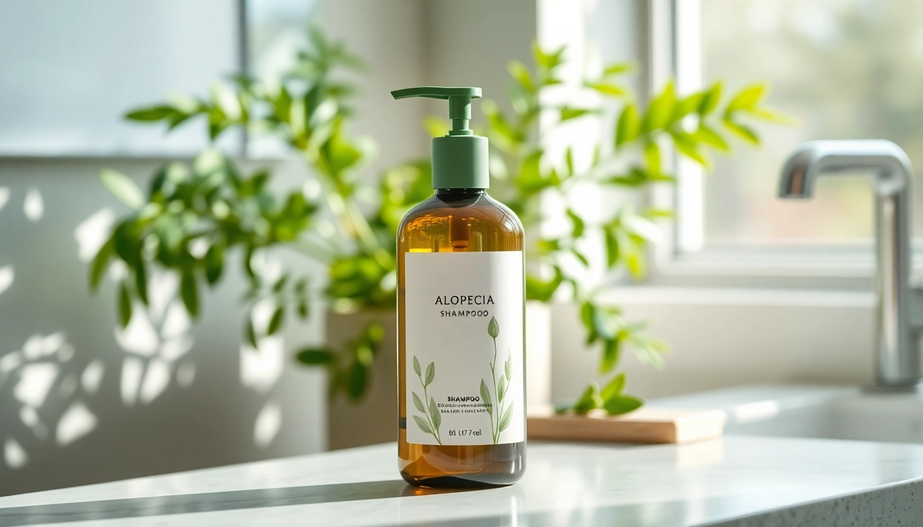Shampoo for alopecia displayed on a countertop with natural lighting.