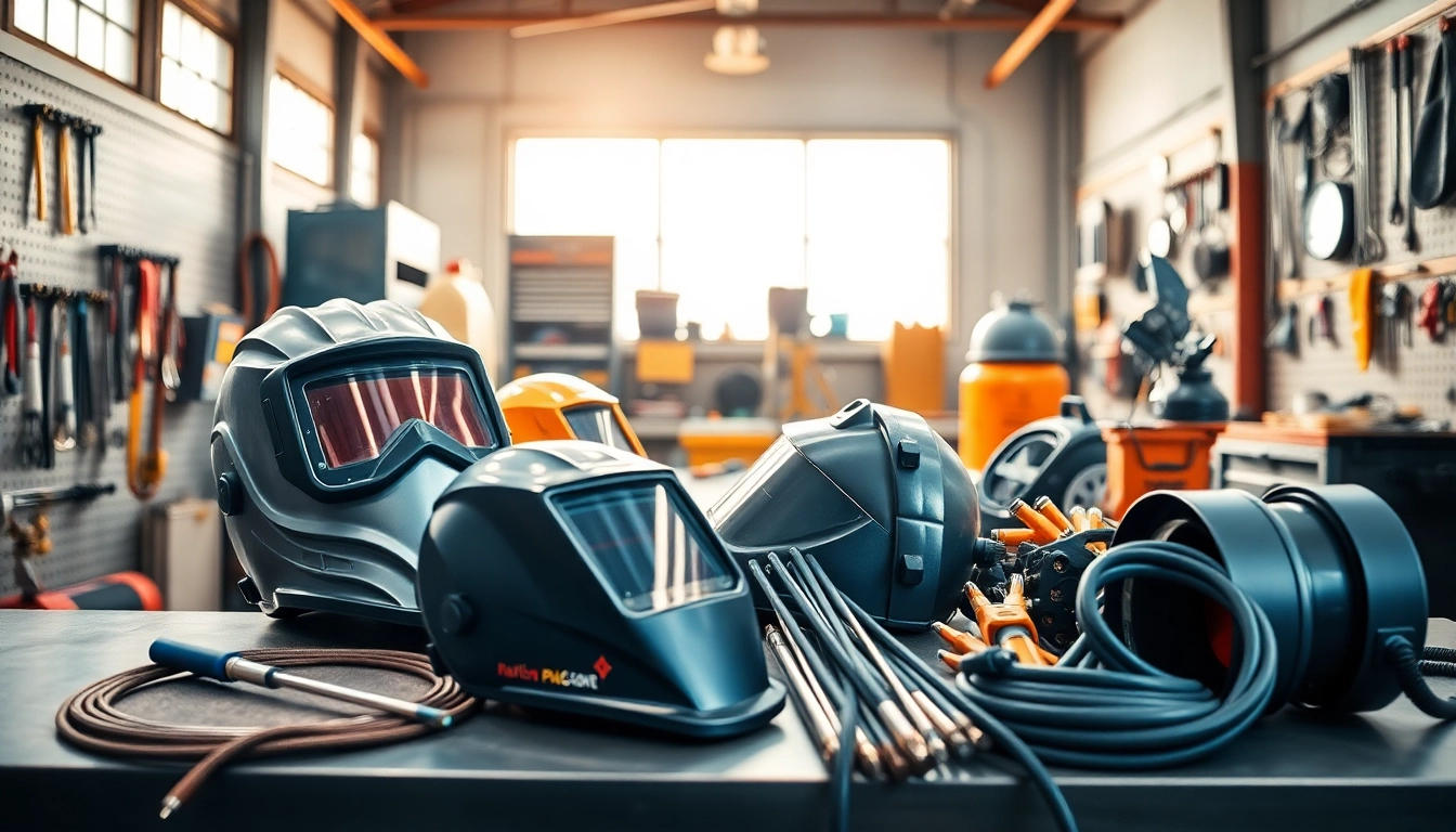 Shop for welding supplies near me at a professional workshop featuring helmets and tools.