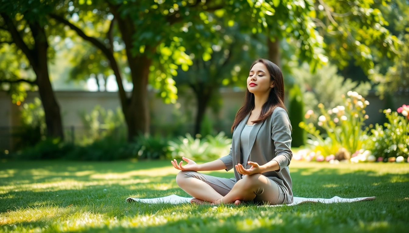 Woman practicing mindfulness outdoors while dealing with stress in a serene garden.