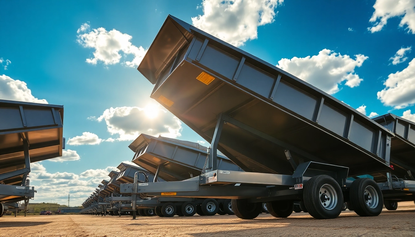 Explore hydraulic dump trailers for sale showcasing modern designs and robust features in a vibrant outdoor setting.