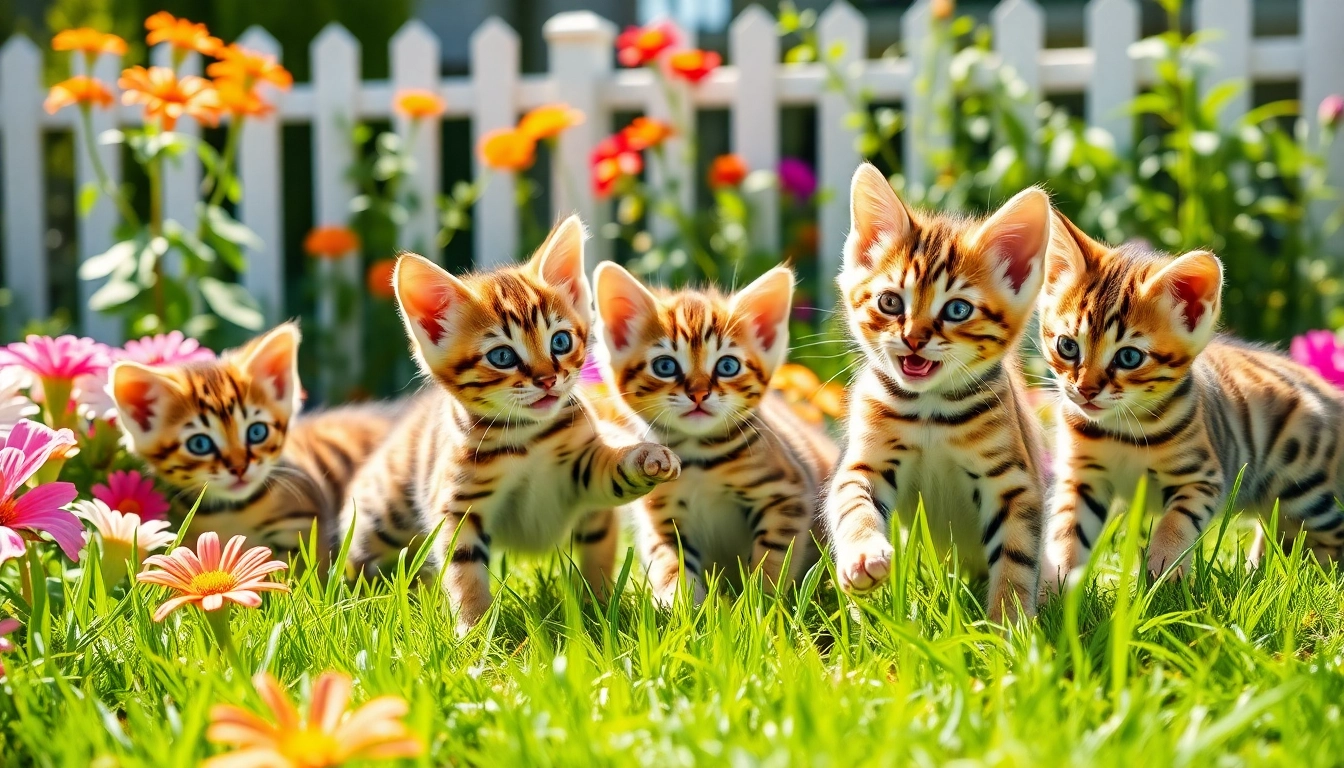 Explore playful Bengal kittens from Bengal Breeders Orange County in a sunlit garden setting.