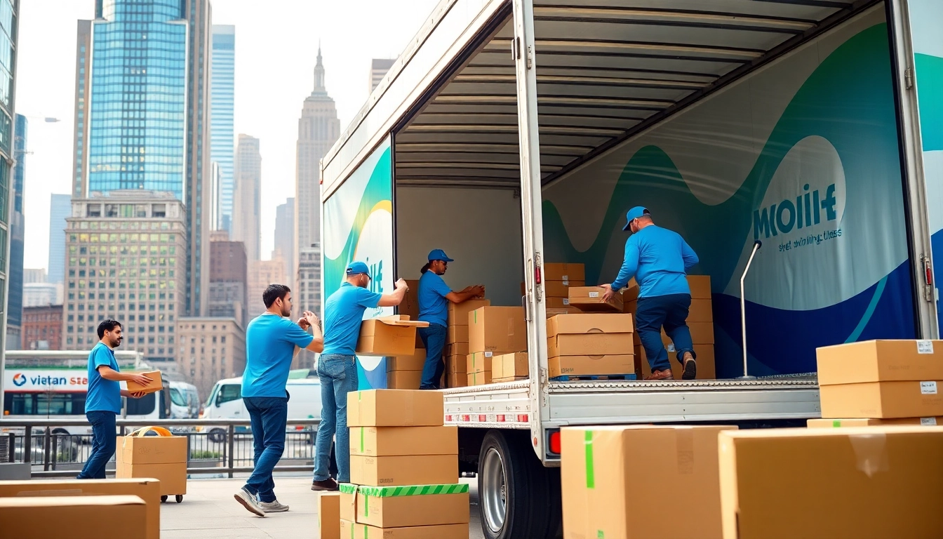 Efficient movers nyc packing belongings in a busy urban setting with a bright NYC skyline.