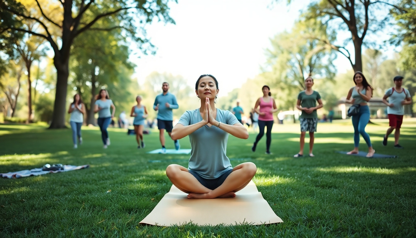 Individuals practicing stress-relief activities outdoors, focusing on dealing with stress.