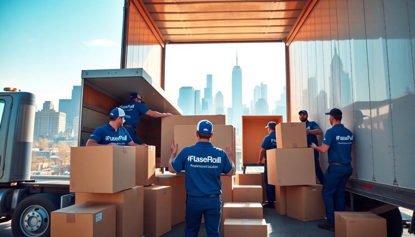 Movers nyc efficiently loading furniture into a truck against the NYC skyline.