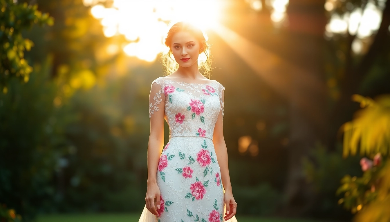 A model showcases colourful wedding dresses in a dreamy garden setting, embodying elegance.