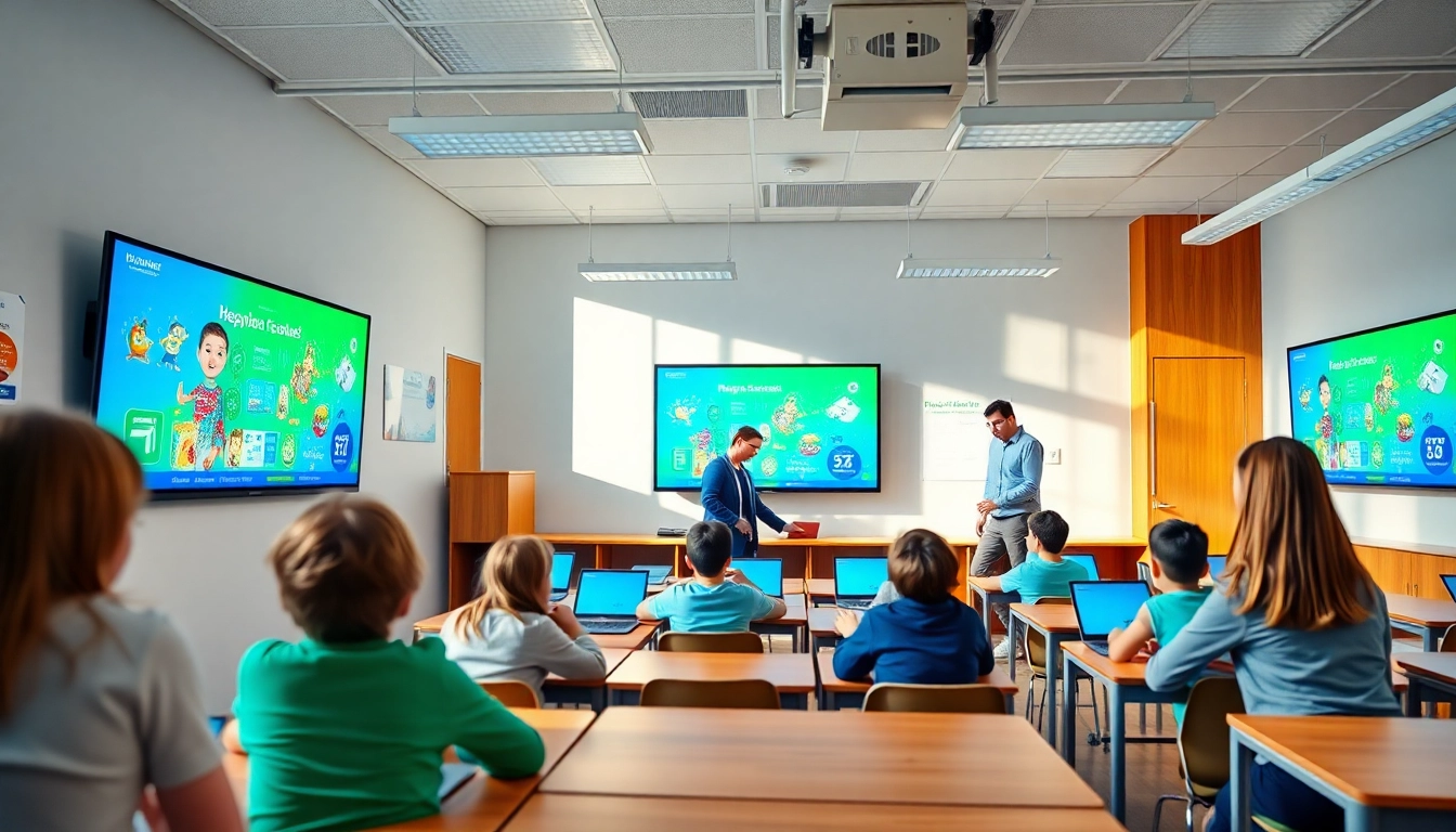 Engaged students utilizing digital signage for schools in a modern classroom setting.