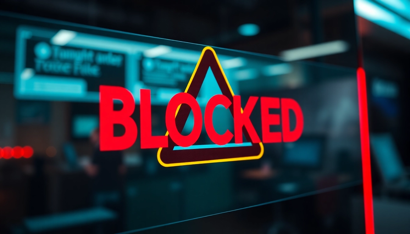 Inatogel access blocked warning sign with security symbols conveying urgency and tech focus.