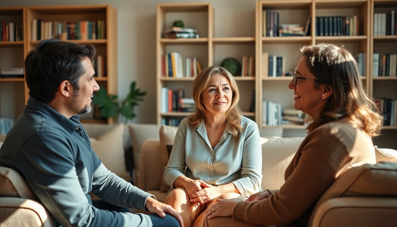 Engaged couple receiving guidance from a professional relationship coach in a warm office setting.