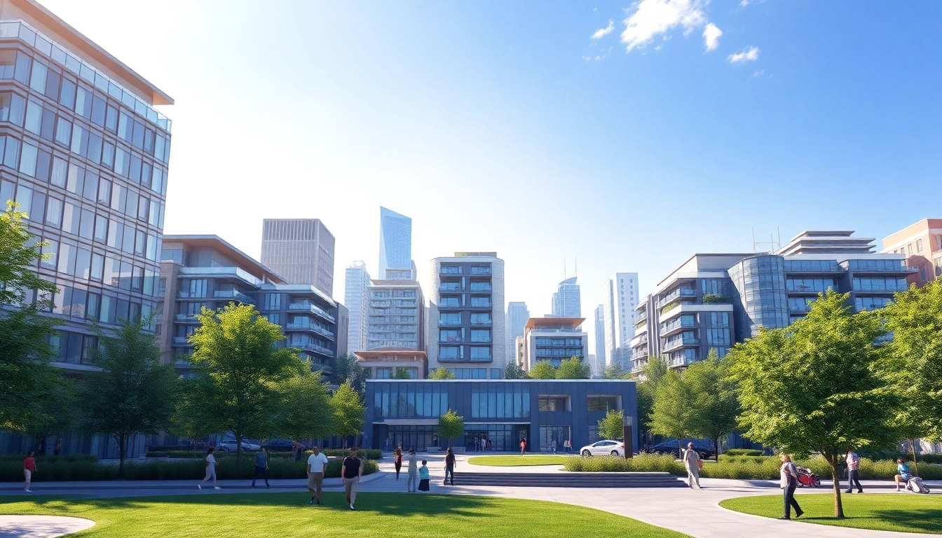 Architekturvisualisierung einer modernen städtischen Skyline mit lebendigen Gebäuden und Landschaften