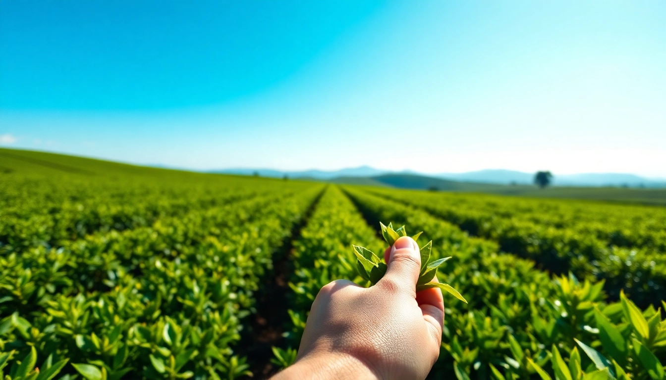 Experience the craftsmanship of single origin tea through freshly plucked tea leaves in a lush landscape.
