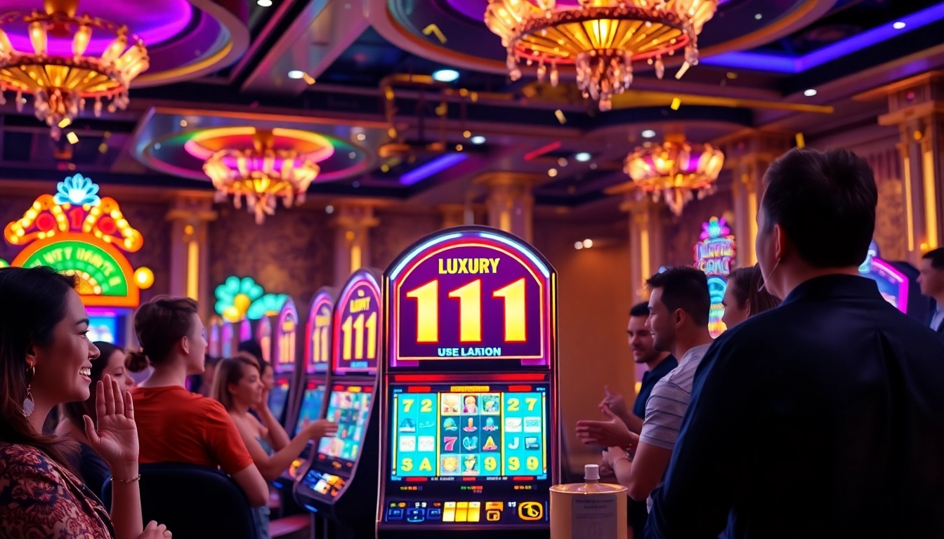 Permainan slot luxury111 slot yang menarik dengan pemain antusias dan pencahayaan cerah.