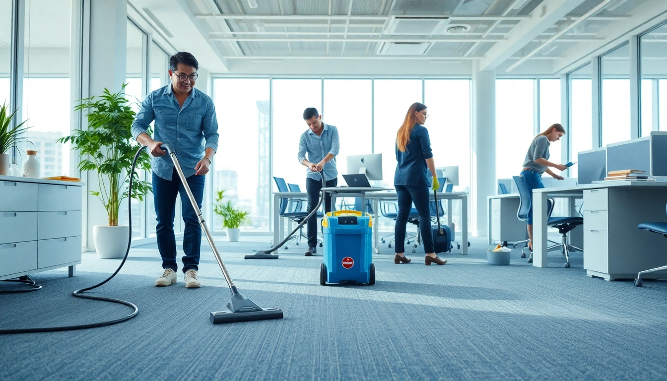 Engaged staff providing office cleaning services Melbourne in a well-lit, professional environment.