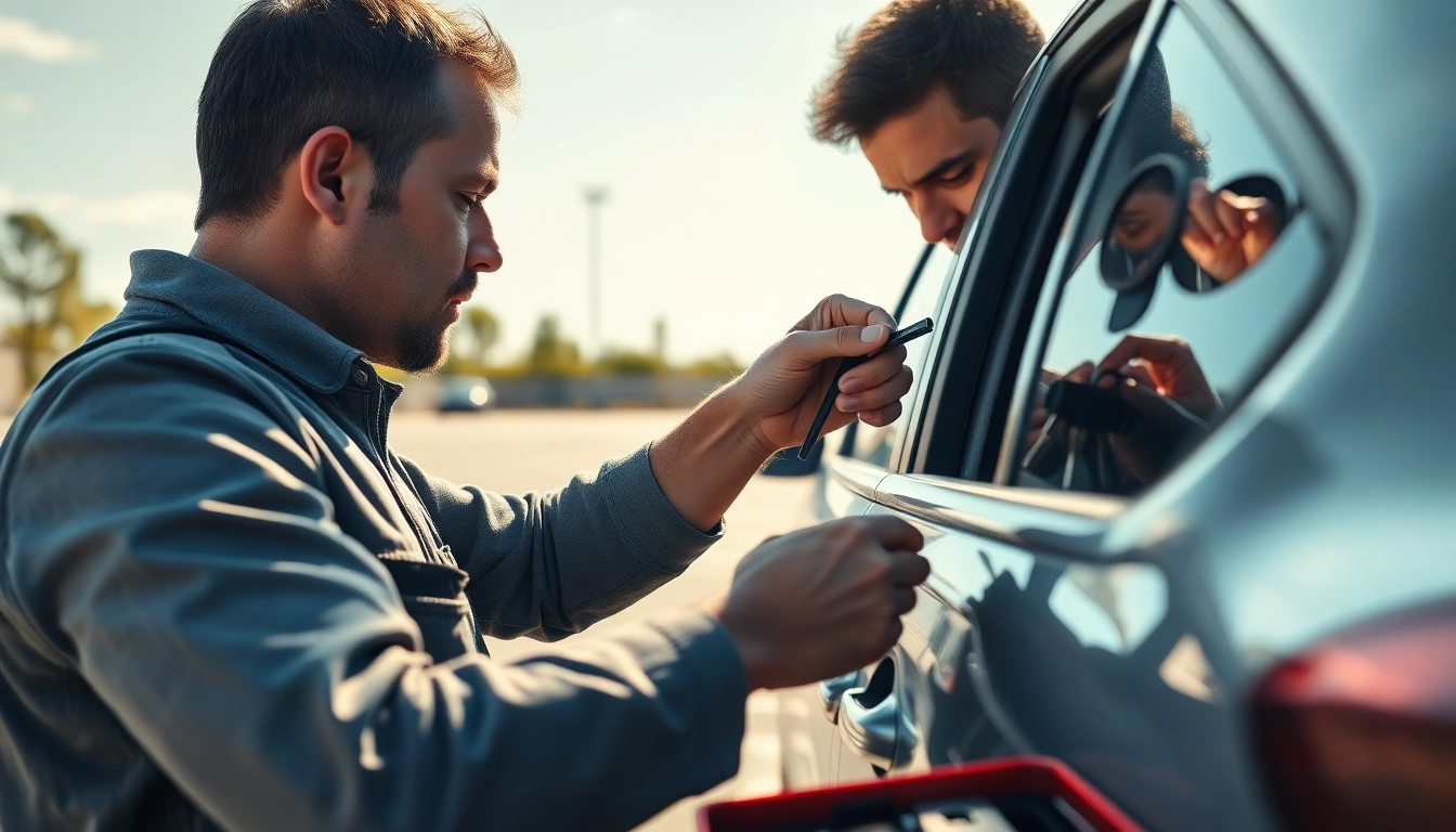 Locksmith helping a car owner with Keys Locked in Car using professional tools for a quick resolution.