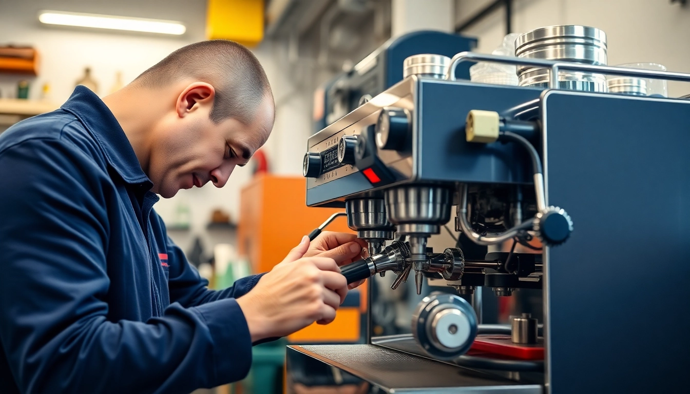 Repairing Cimbali service technique with precision in an organized workshop environment.