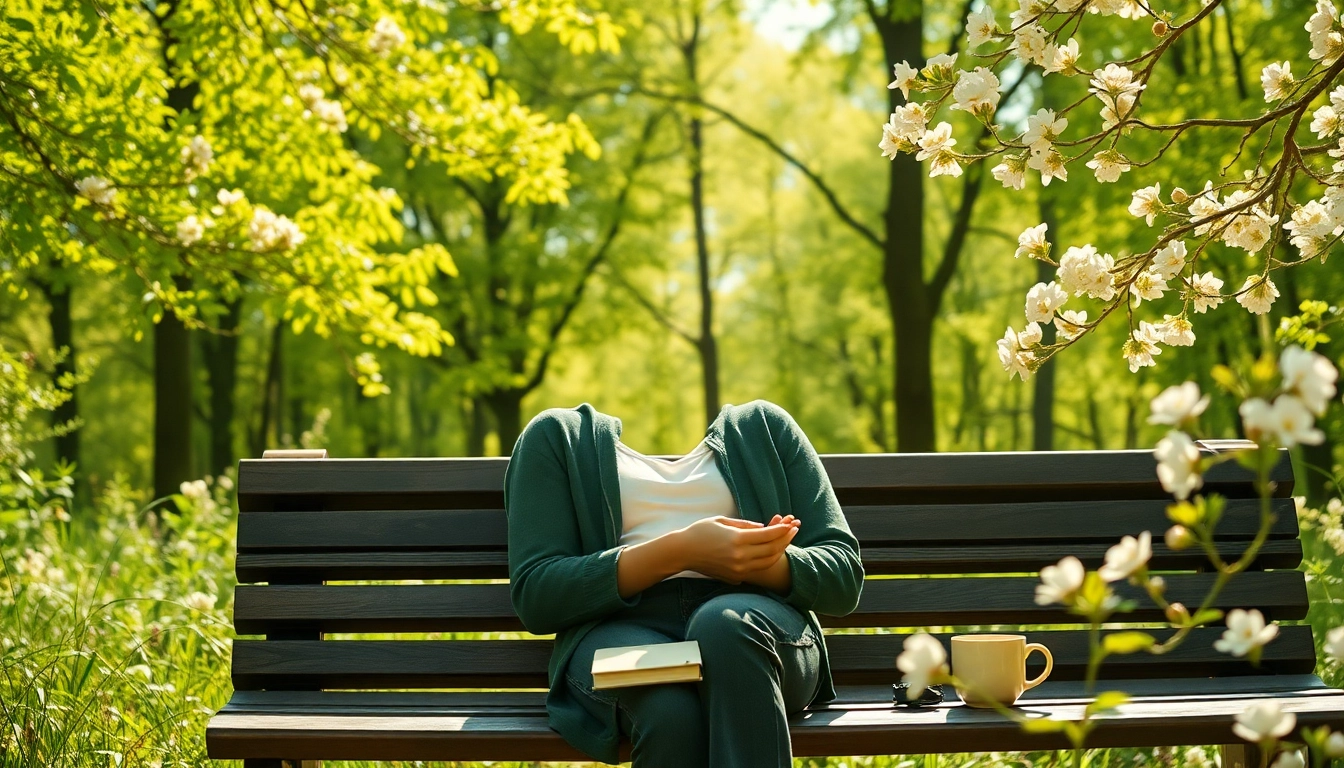 Person dealing with depression reflects on a park bench surrounded by nature.