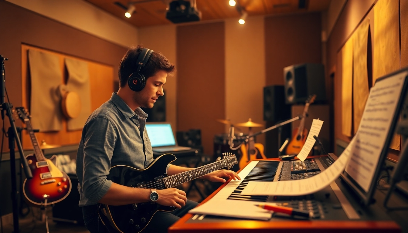 Engaging musician demonstrating music pitching at a modern studio with vibrant instruments.