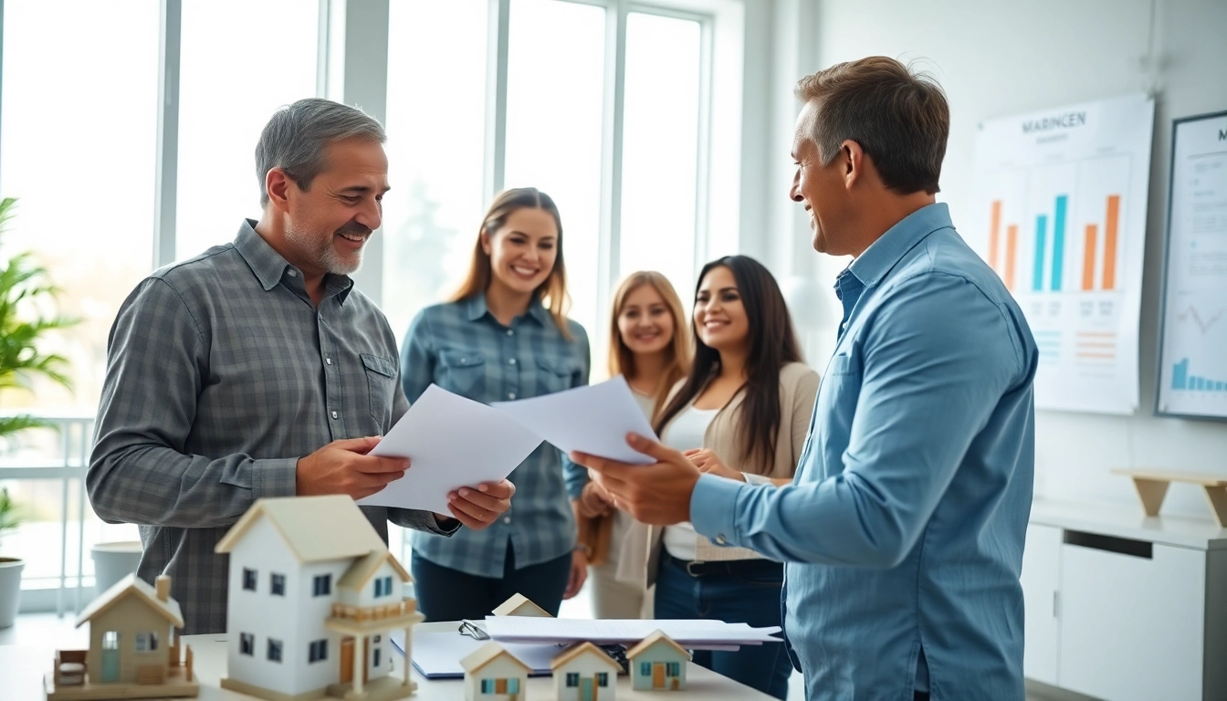Buy my property fast with a professional real estate agent assisting a family in a modern office.